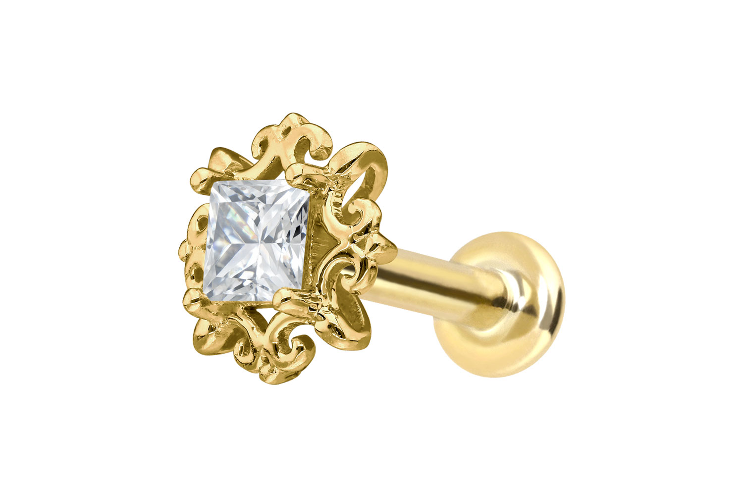 14 Karat Gold Labret Piercing mit Innengewinde MOISSANIT-QUADRAT + ORNAMENTE